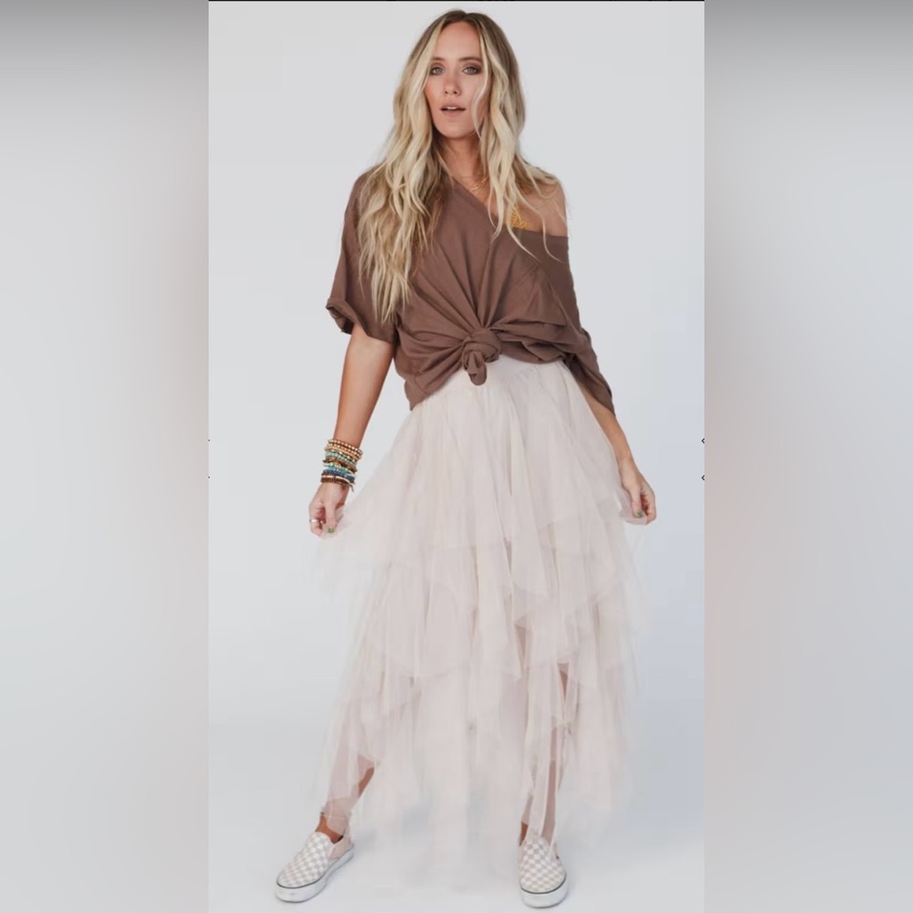 Three Bird Nest Ballerina Layered Tulle Maxi Skirt in Nude
